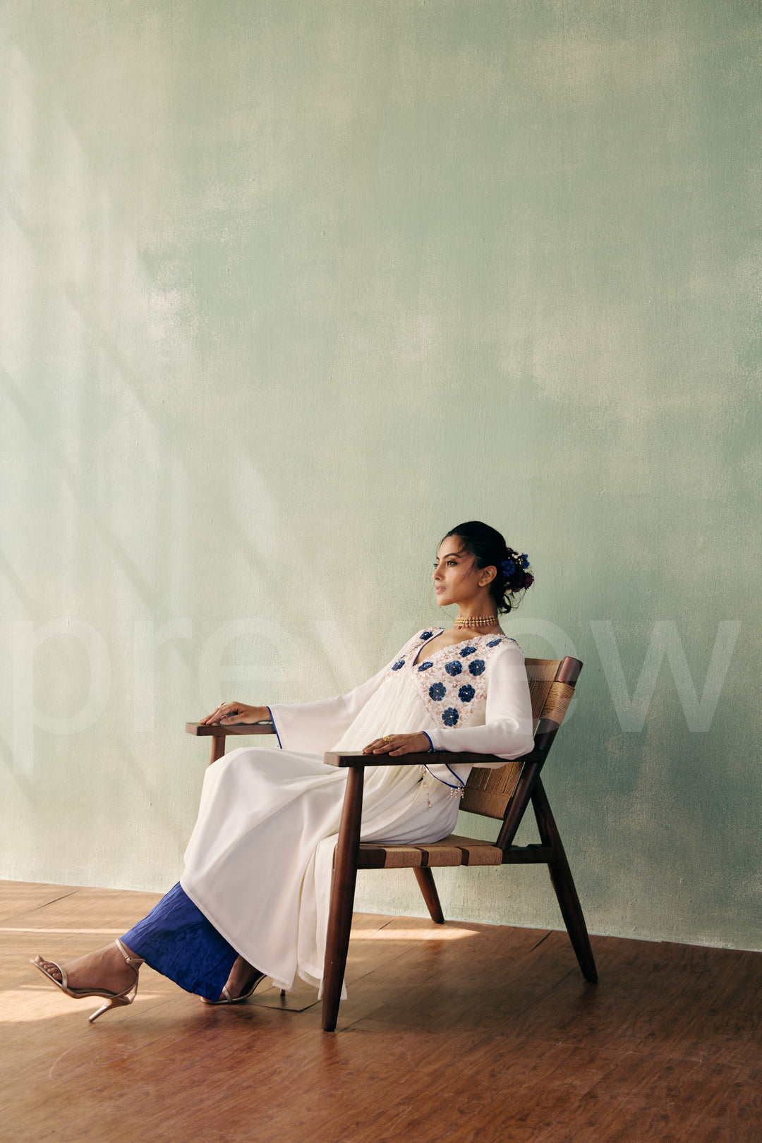 mid bust yoke with deep neck and gathered ghera with bell sleeve comes along with pleated pant
