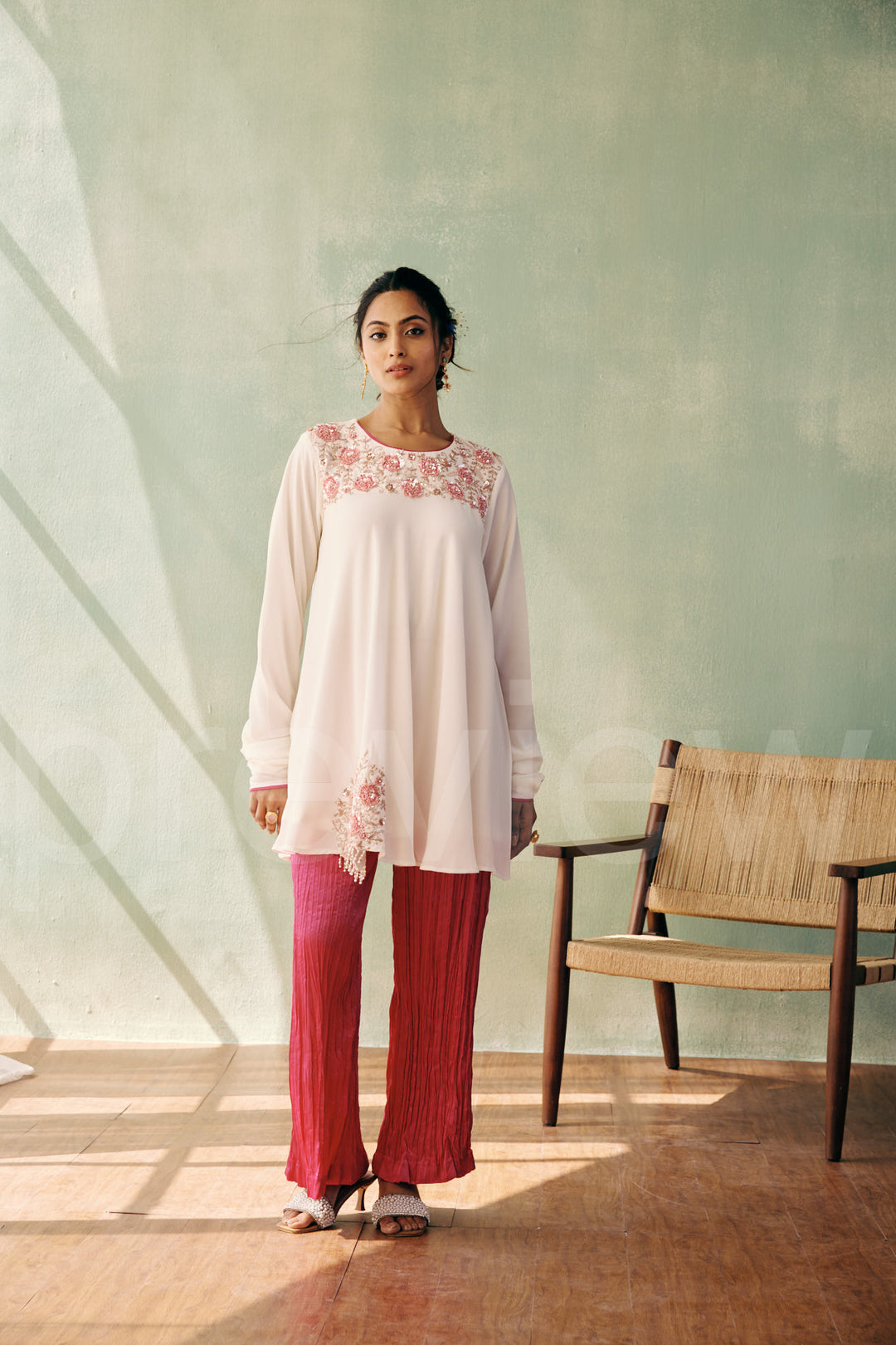short shirt with yoke and circular ghera comes along with pleated pant