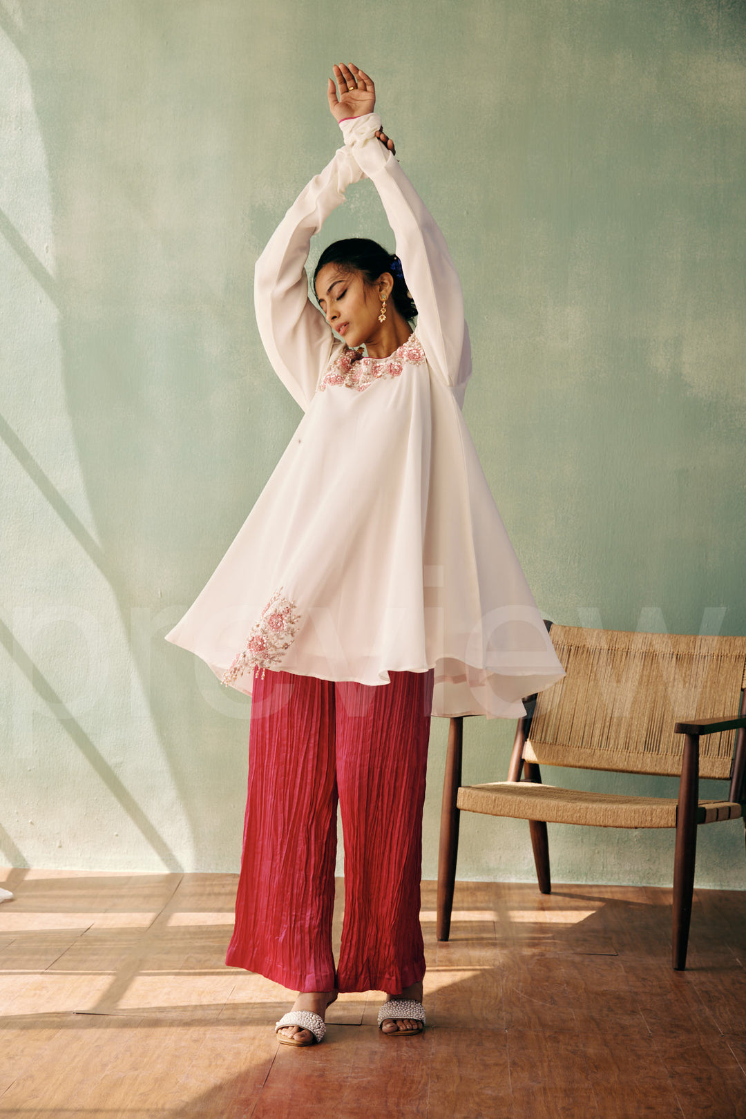 short shirt with yoke and circular ghera comes along with pleated pant