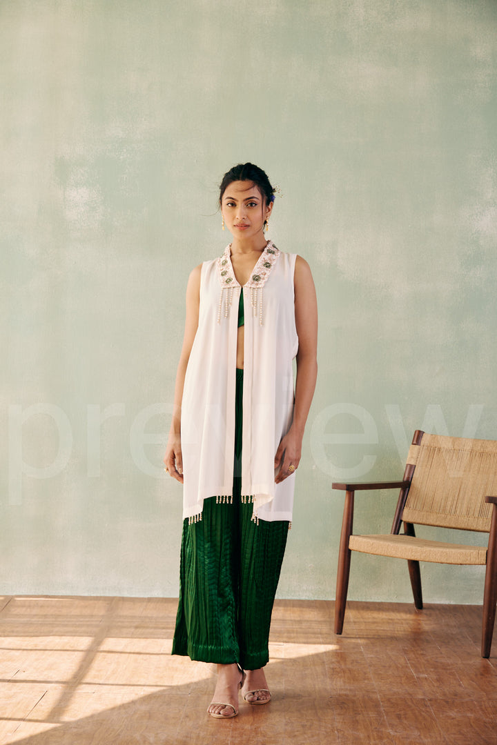 sleeveless jacket with bustier comes along with pleated pant