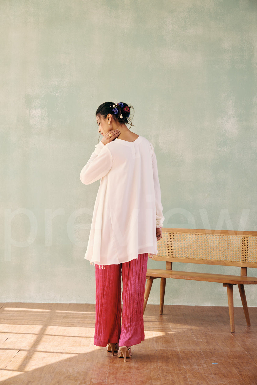 georgette short shirt with side circular kali and churidar sleeves