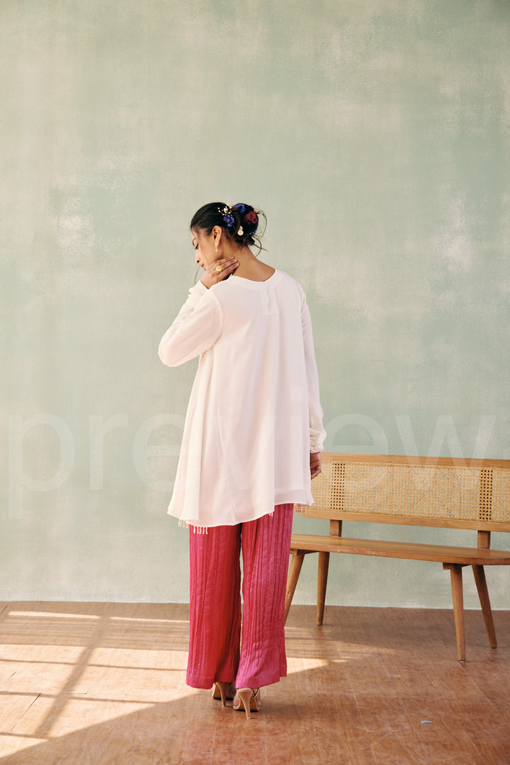 georgette short shirt with side circular kali and churidar sleeves