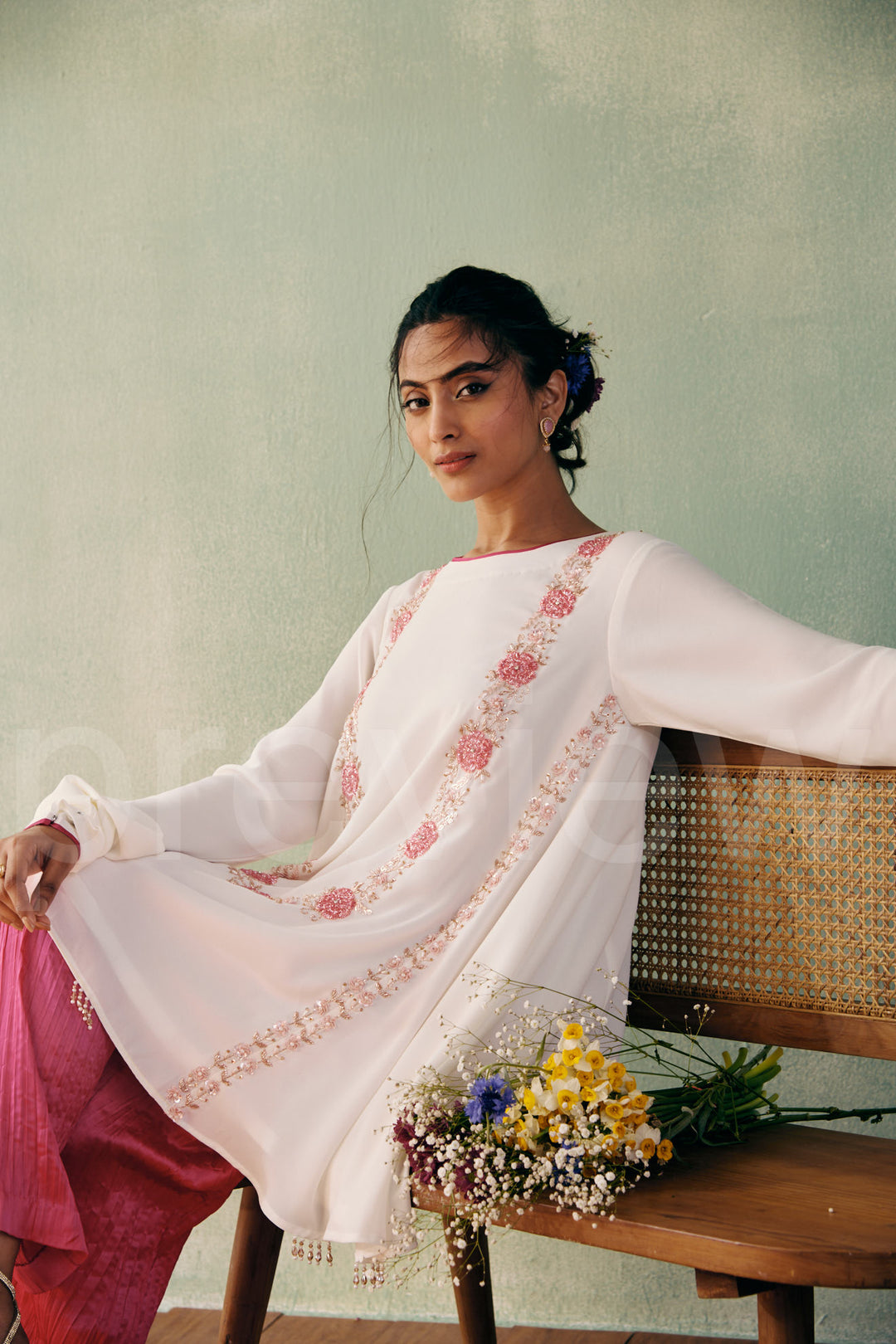 georgette short shirt with side circular kali and churidar sleeves