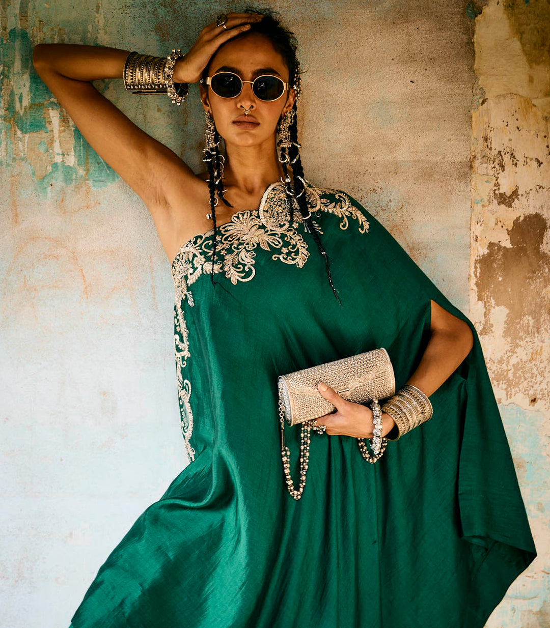 Emerald Green Off Shoulder Cape Set