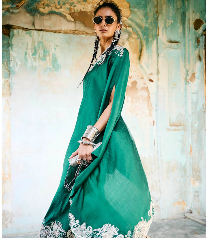 Emerald Green Off Shoulder Cape Set