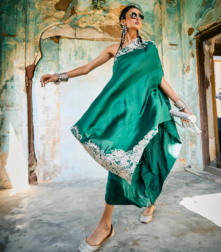 Emerald Green Off Shoulder Cape Set