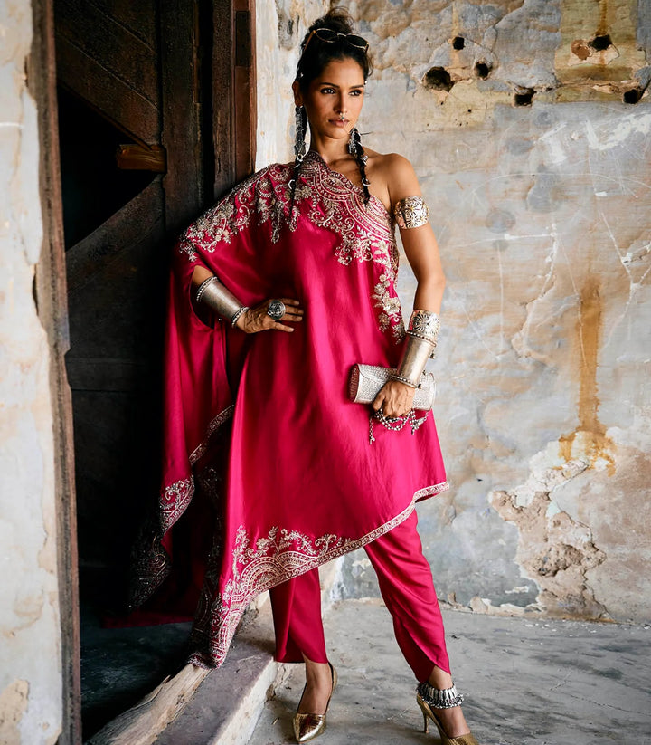 Pink Off Shoulder Cape Set