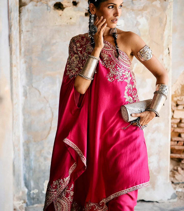 Pink Off Shoulder Cape Set