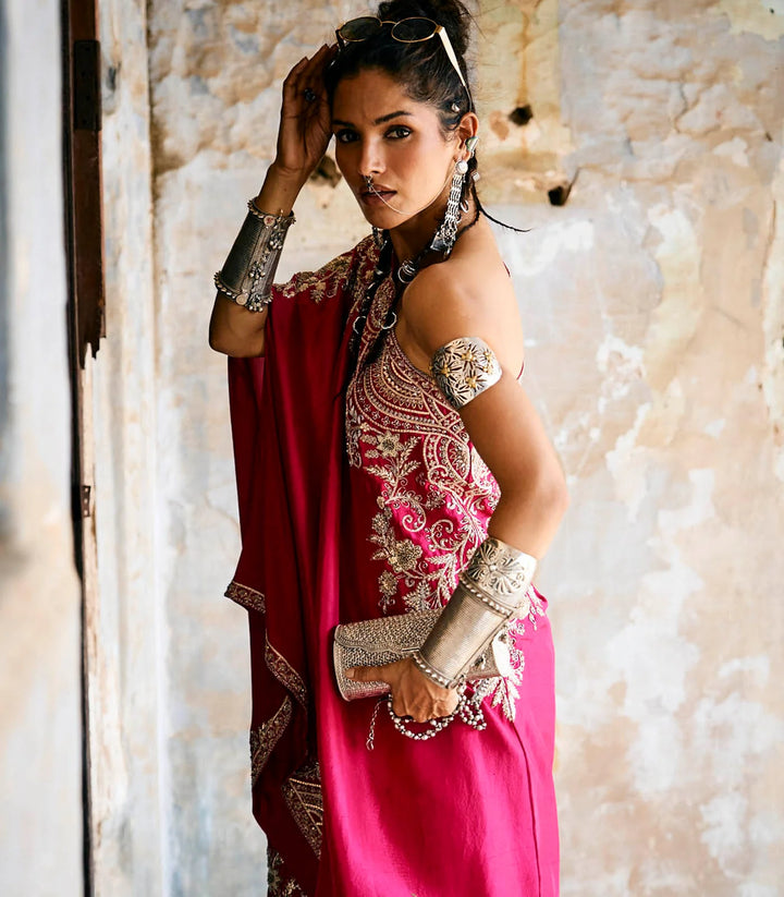 Pink Off Shoulder Cape Set