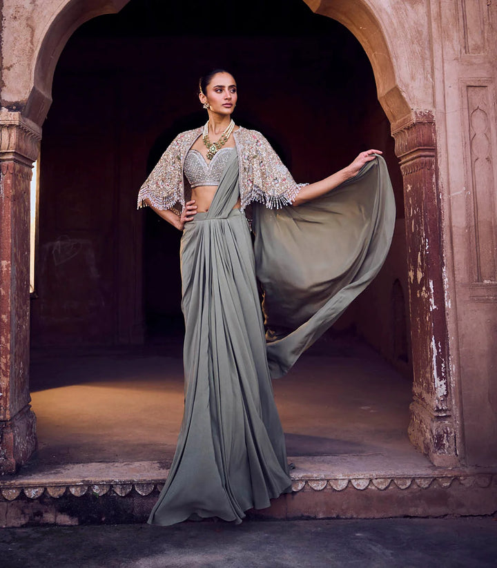 Mint Green Pre-Draped Saree