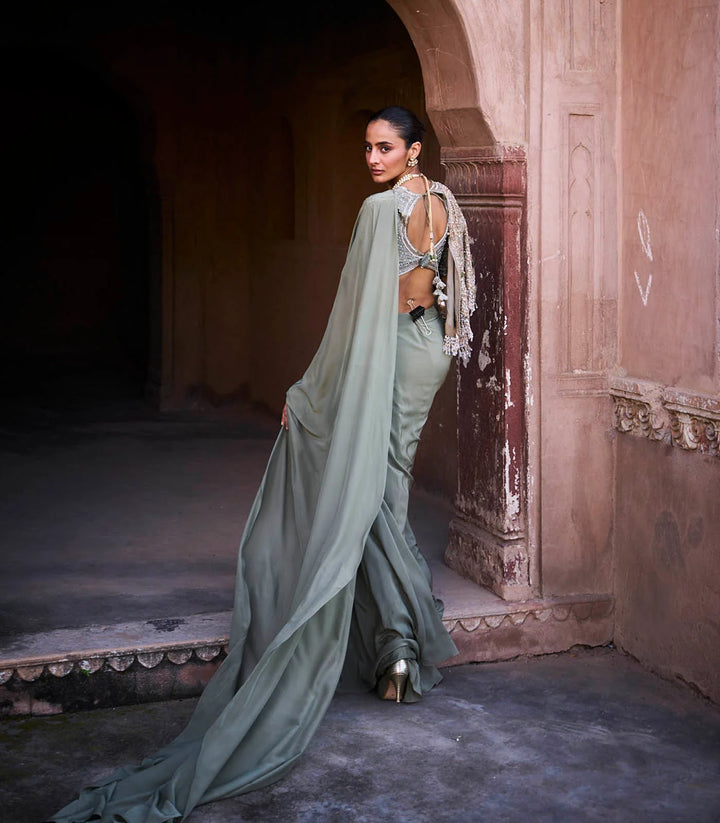 Mint Green Pre-Draped Saree