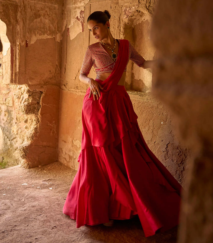 Pink Pre-Draped Saree