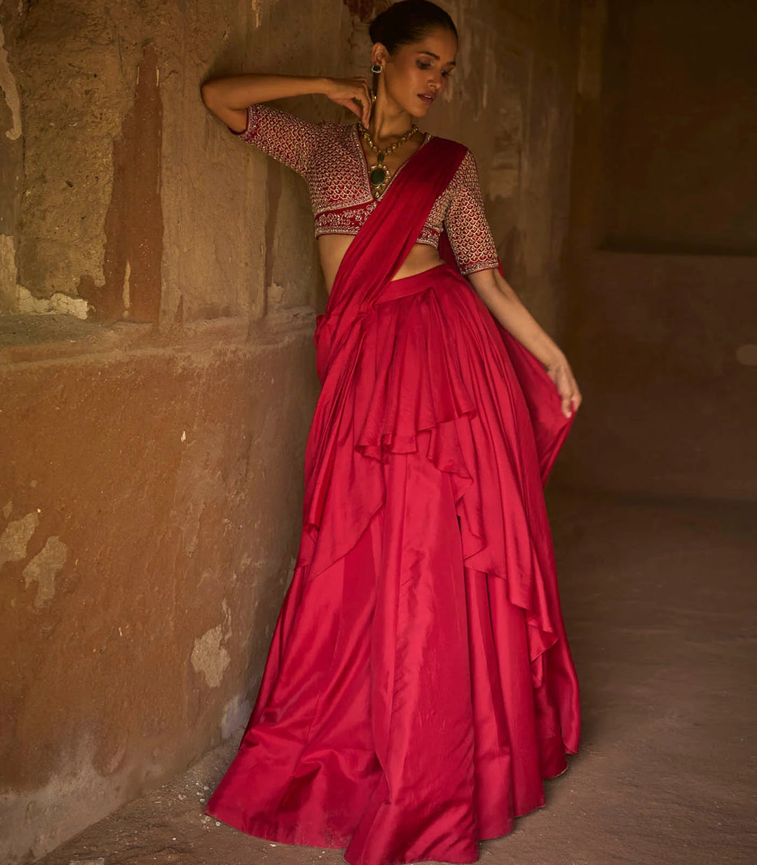 Pink Pre-Draped Saree