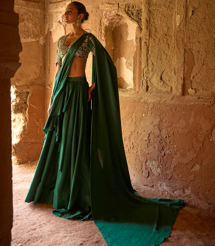 Emerald Green Pre-Draped Saree