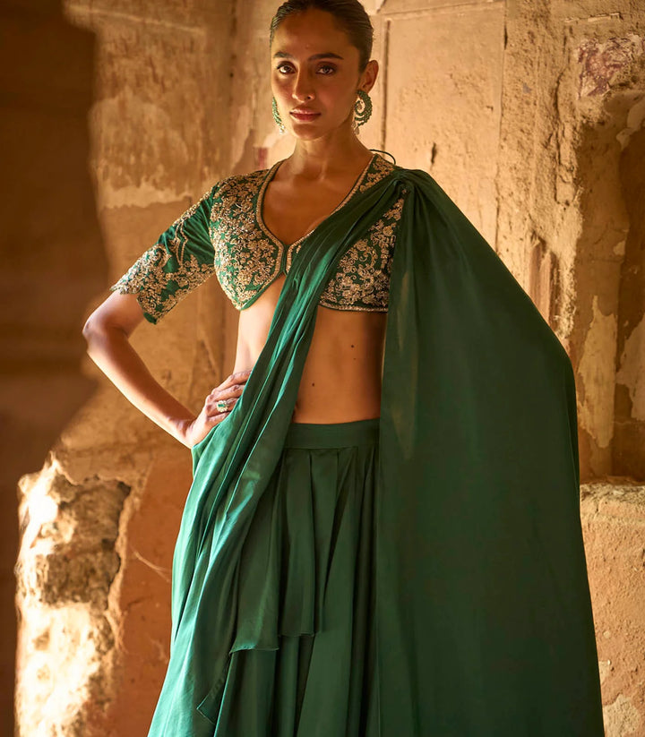 Emerald Green Pre-Draped Saree