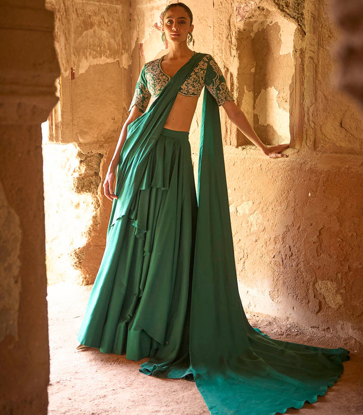 Emerald Green Pre-Draped Saree