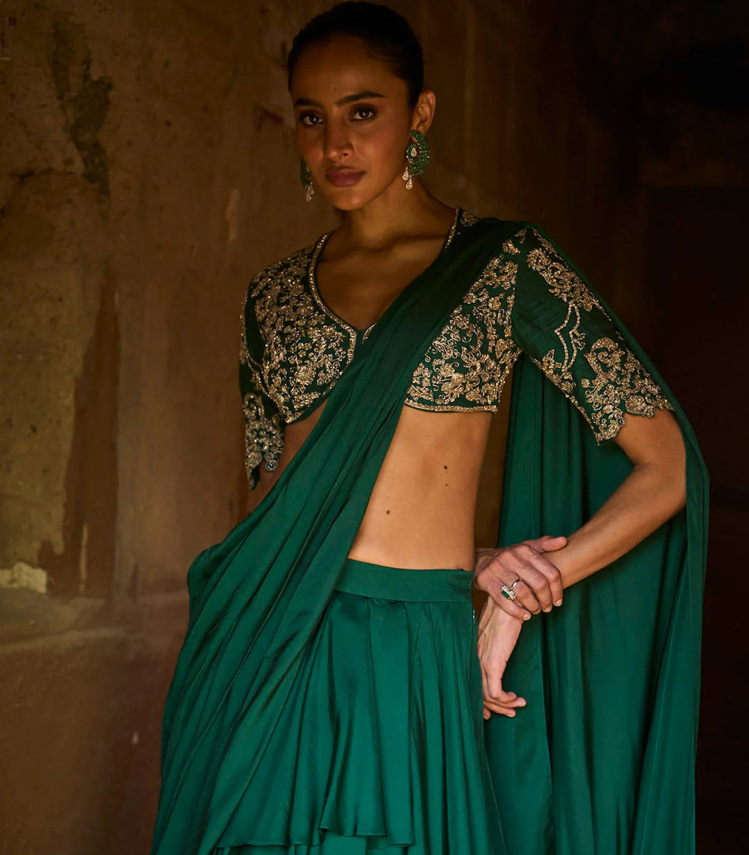 Emerald Green Pre-Draped Saree