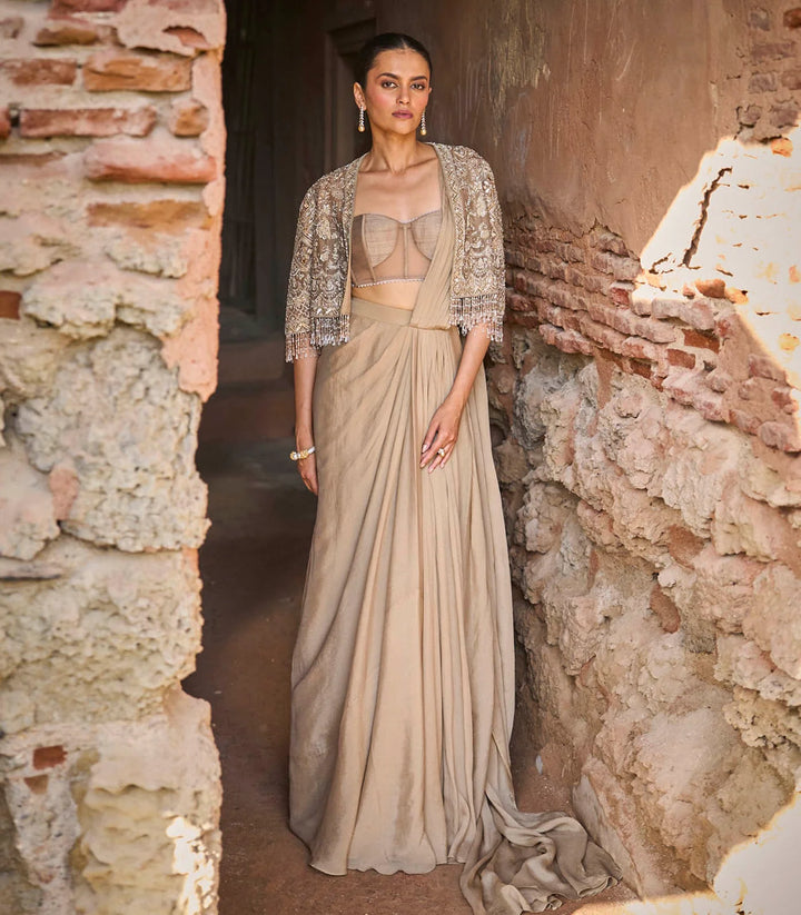 Golden Beige Pre-Draped Saree