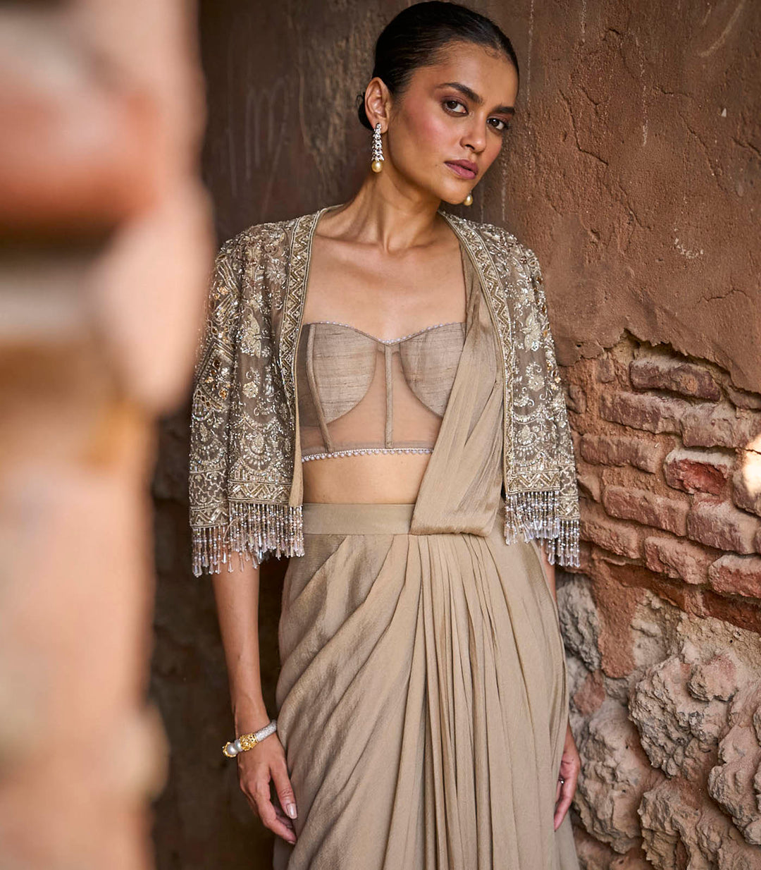 Golden Beige Pre-Draped Saree