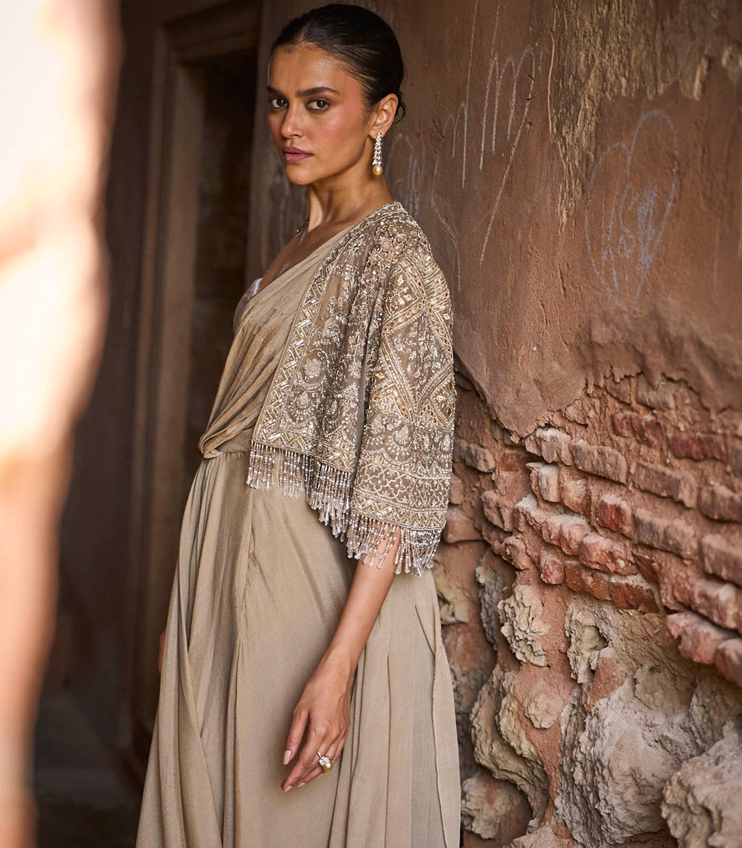 Golden Beige Pre-Draped Saree