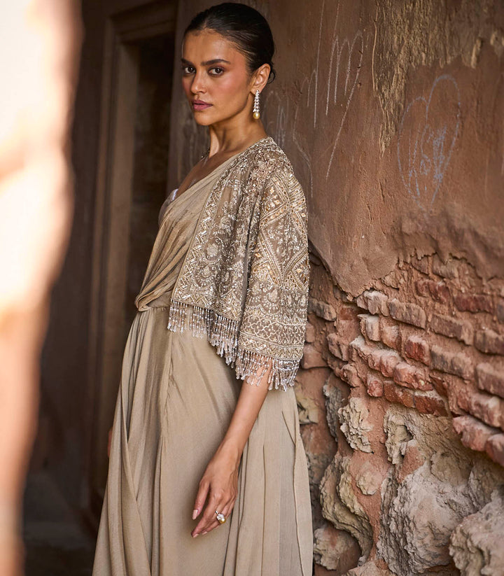 Golden Beige Pre-Draped Saree