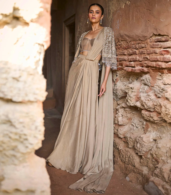 Golden Beige Pre-Draped Saree