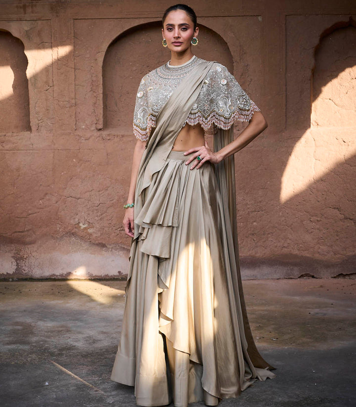 Golden Beige Pre-Draped Saree