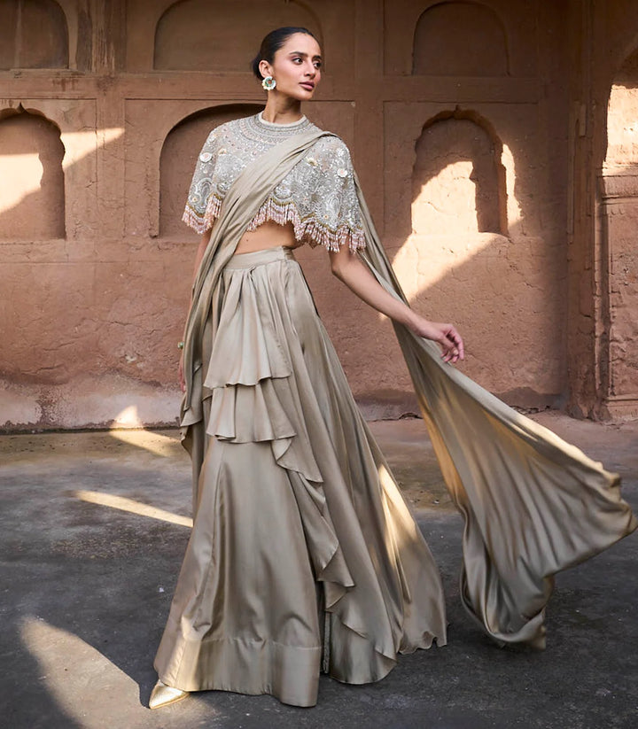 Golden Beige Pre-Draped Saree