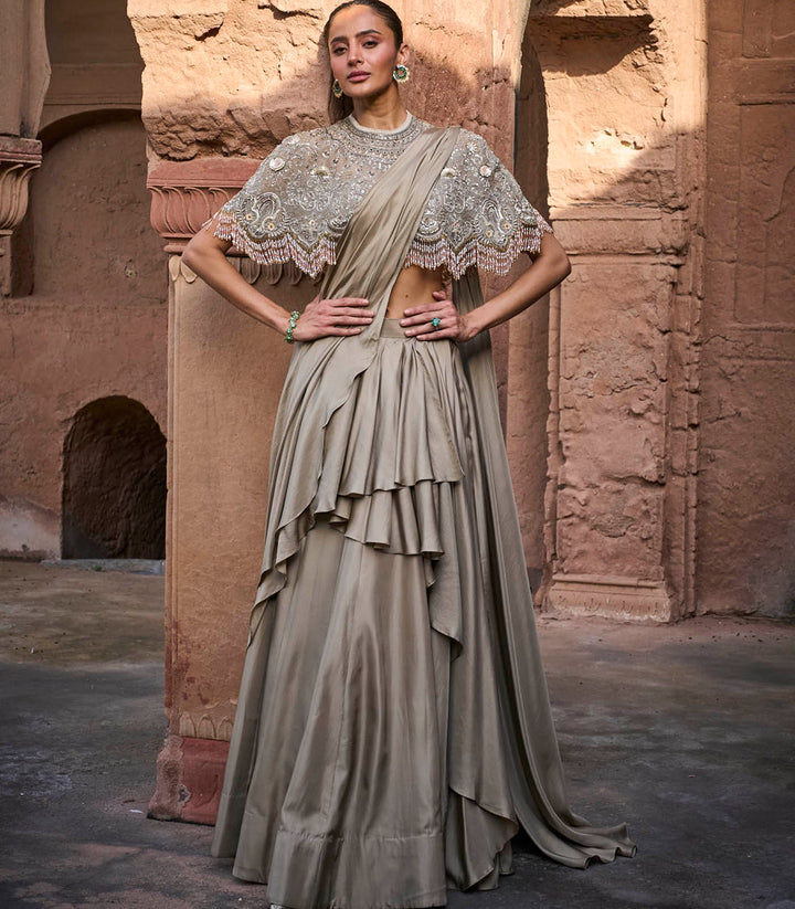 Golden Beige Pre-Draped Saree