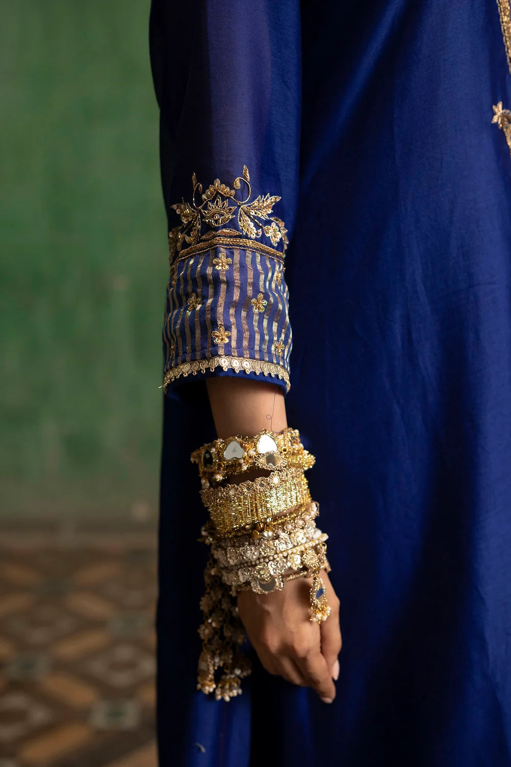 Saanjh Silk Chanderi Aline Kurta Set in Morpankhi