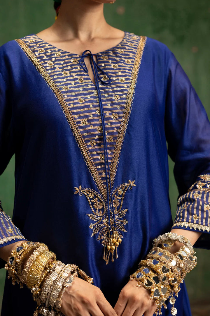 Saanjh Silk Chanderi Aline Kurta Set in Morpankhi
