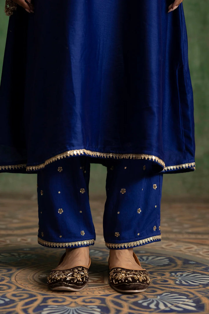 Saanjh Silk Chanderi Aline Kurta Set in Morpankhi