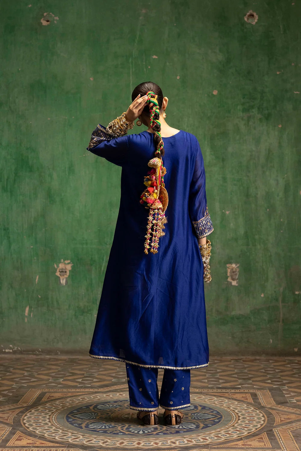Saanjh Silk Chanderi Aline Kurta Set in Morpankhi