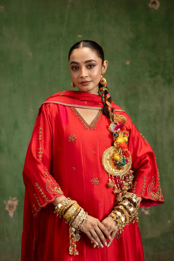 Piroi Silk Chanderi Anarkali Set in Surkh