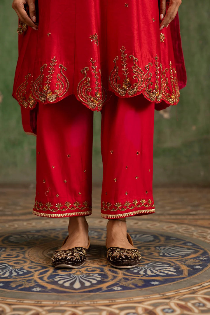 Piroi Silk Chanderi Anarkali Set in Surkh