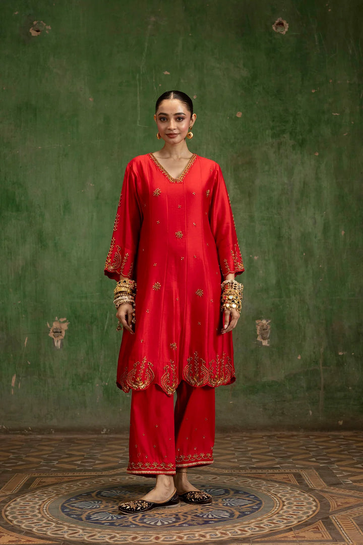 Piroi Silk Chanderi Anarkali Set in Surkh