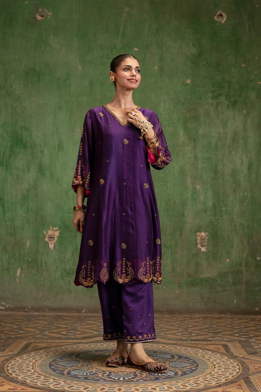 Piroi Silk Chanderi Anarkali Set in Jamuni