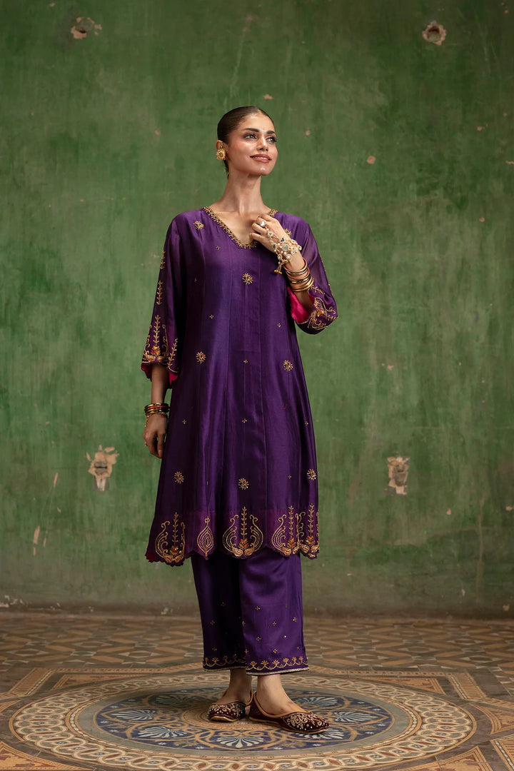 Piroi Silk Chanderi Anarkali Set in Jamuni