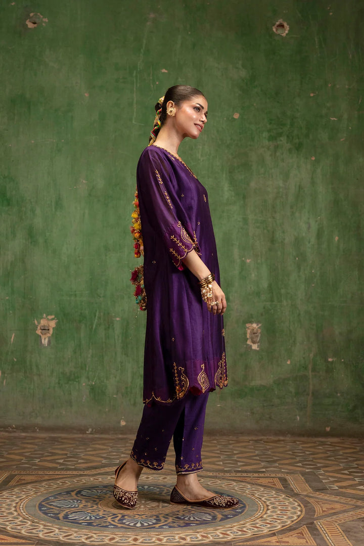 Piroi Silk Chanderi Anarkali Set in Jamuni