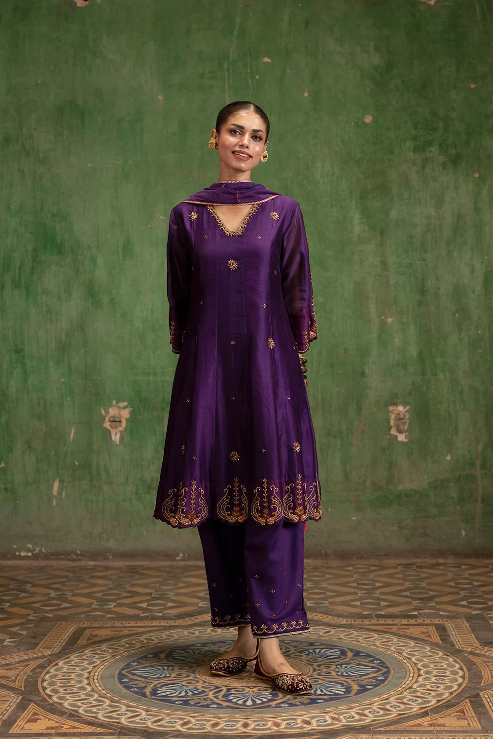 Piroi Silk Chanderi Anarkali Set in Jamuni