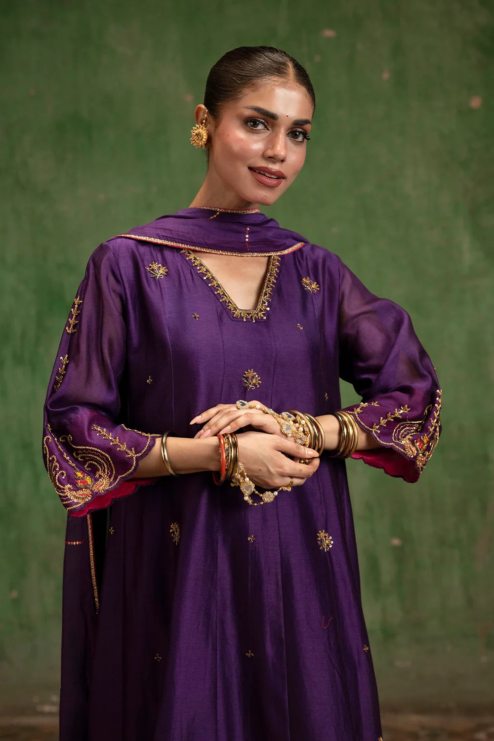 Piroi Silk Chanderi Anarkali Set in Jamuni
