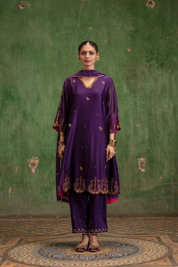 Piroi Silk Chanderi Anarkali Set in Jamuni