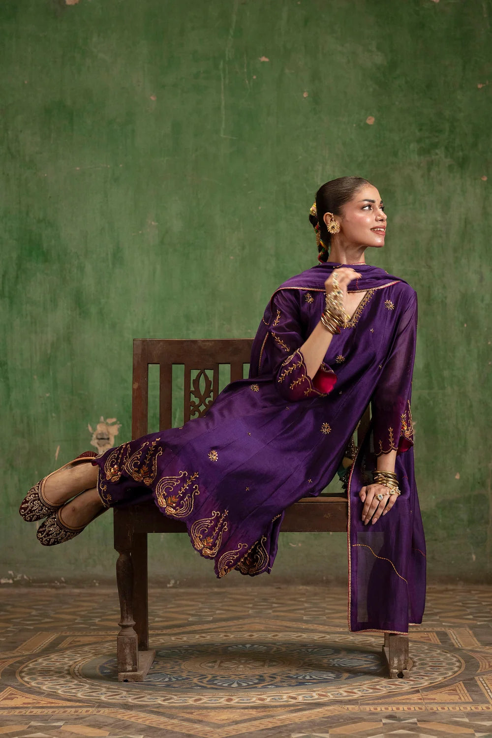 Piroi Silk Chanderi Anarkali Set in Jamuni