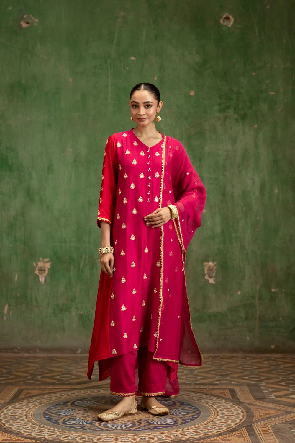 Guldaasta Silk Chanderi Aline Kurta Set in Rani