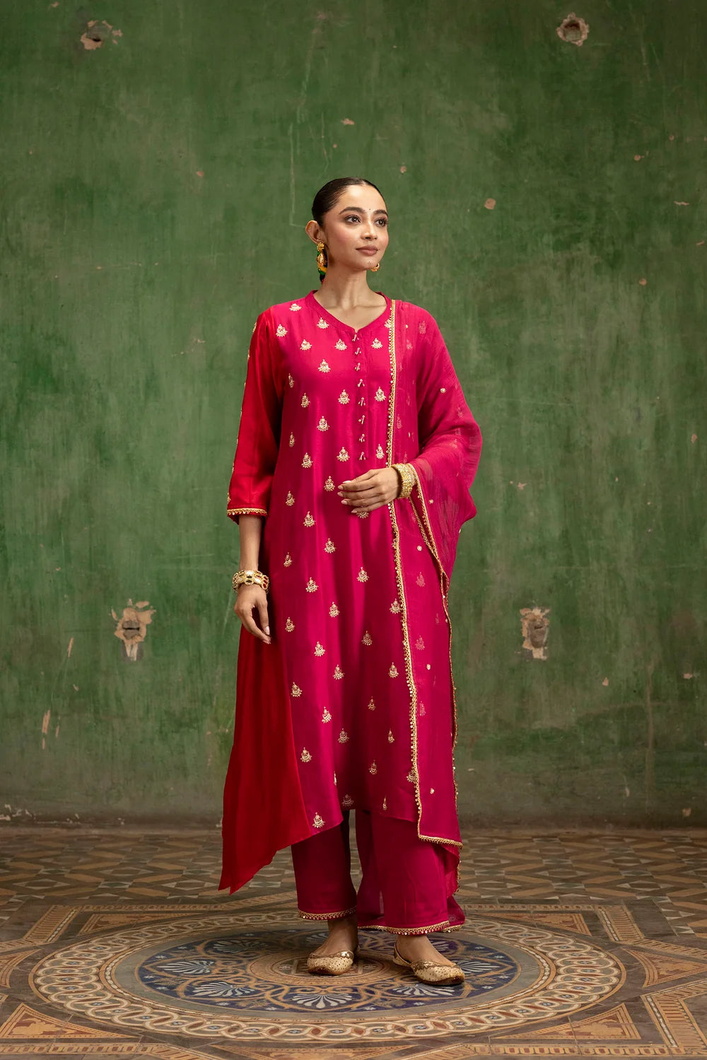 Guldaasta Silk Chanderi Aline Kurta Set in Rani