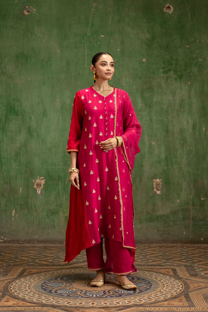 Guldaasta Silk Chanderi Aline Kurta Set in Rani