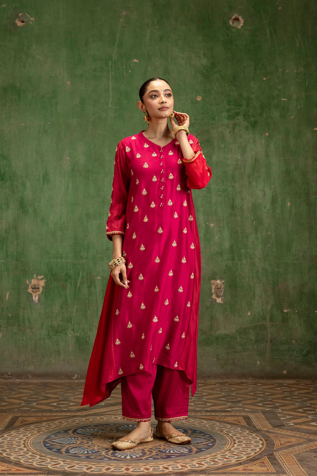 Guldaasta Silk Chanderi Aline Kurta Set in Rani