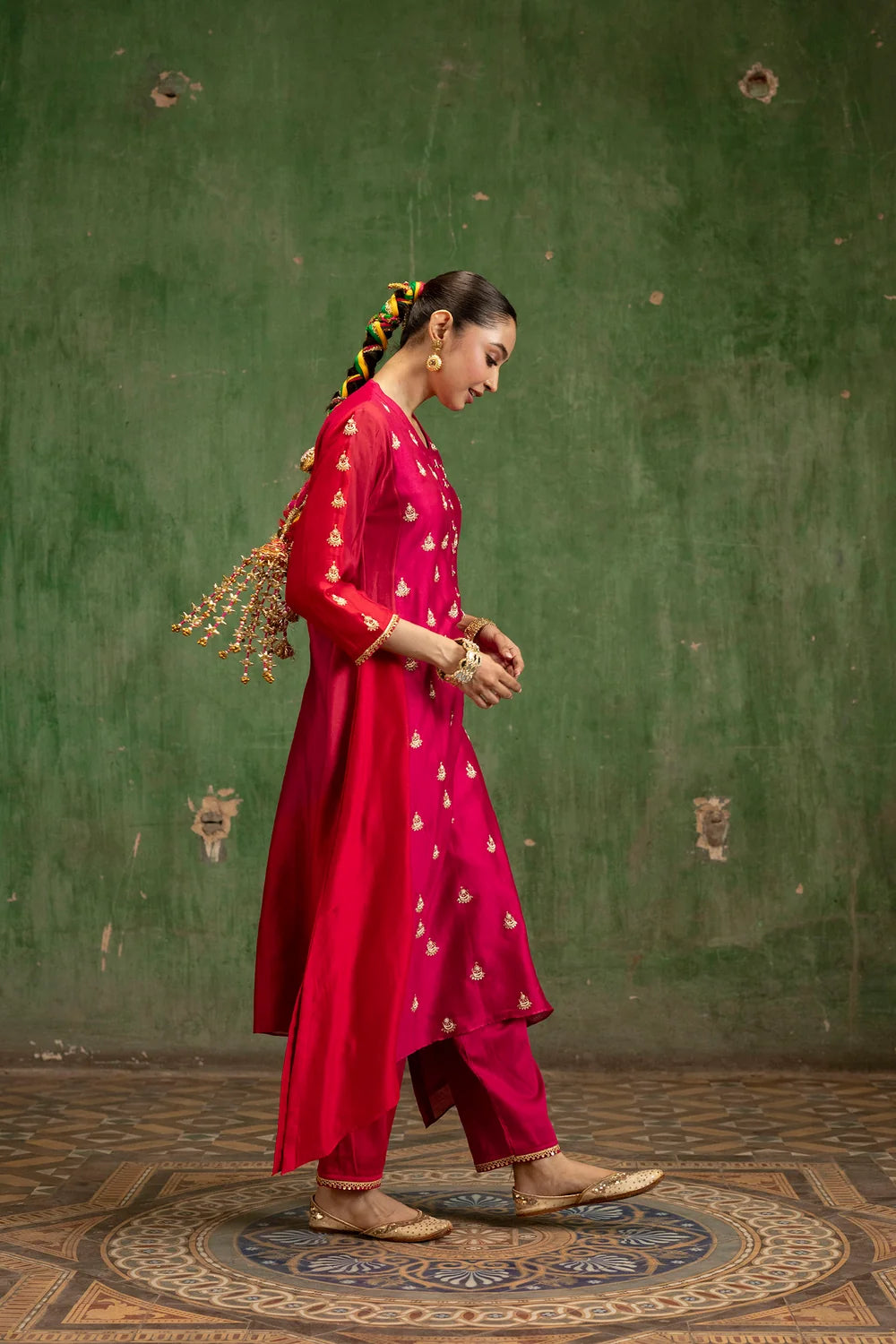 Guldaasta Silk Chanderi Aline Kurta Set in Rani