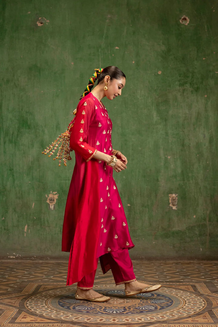Guldaasta Silk Chanderi Aline Kurta Set in Rani