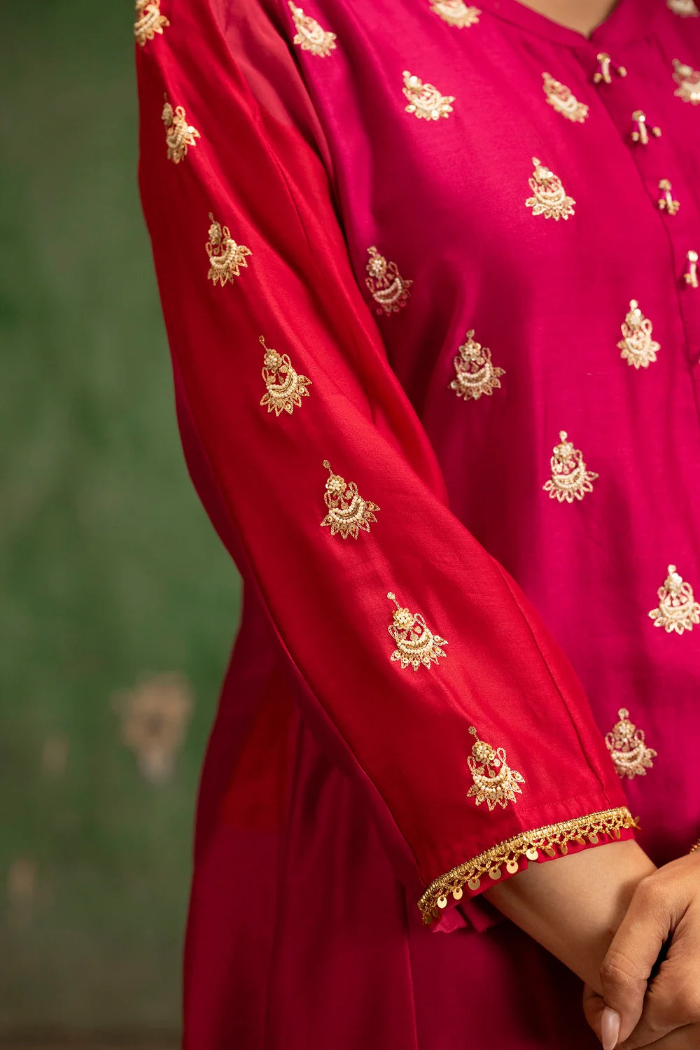 Guldaasta Silk Chanderi Aline Kurta Set in Rani